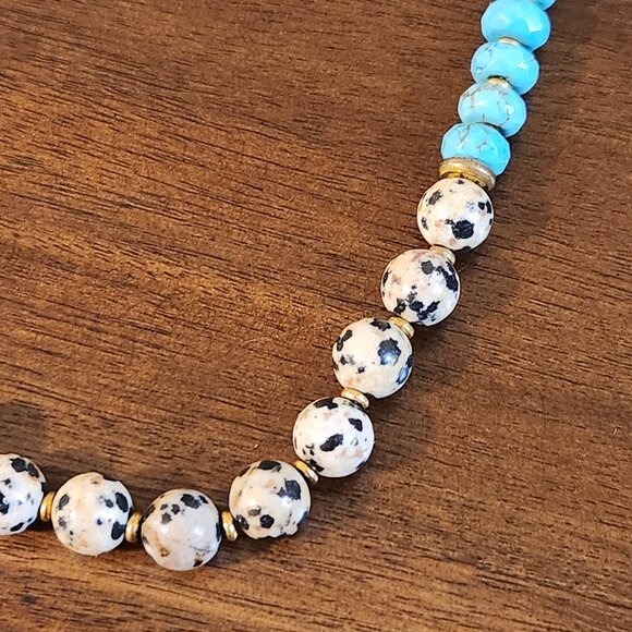 Dalmation Jasper and Turquoise Beaded Tassel Necklace - Picture 15 of 16